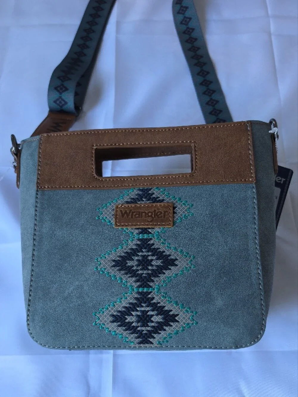 Wrangler Teal & Brown Messenger Crossbody with Patterned Strap